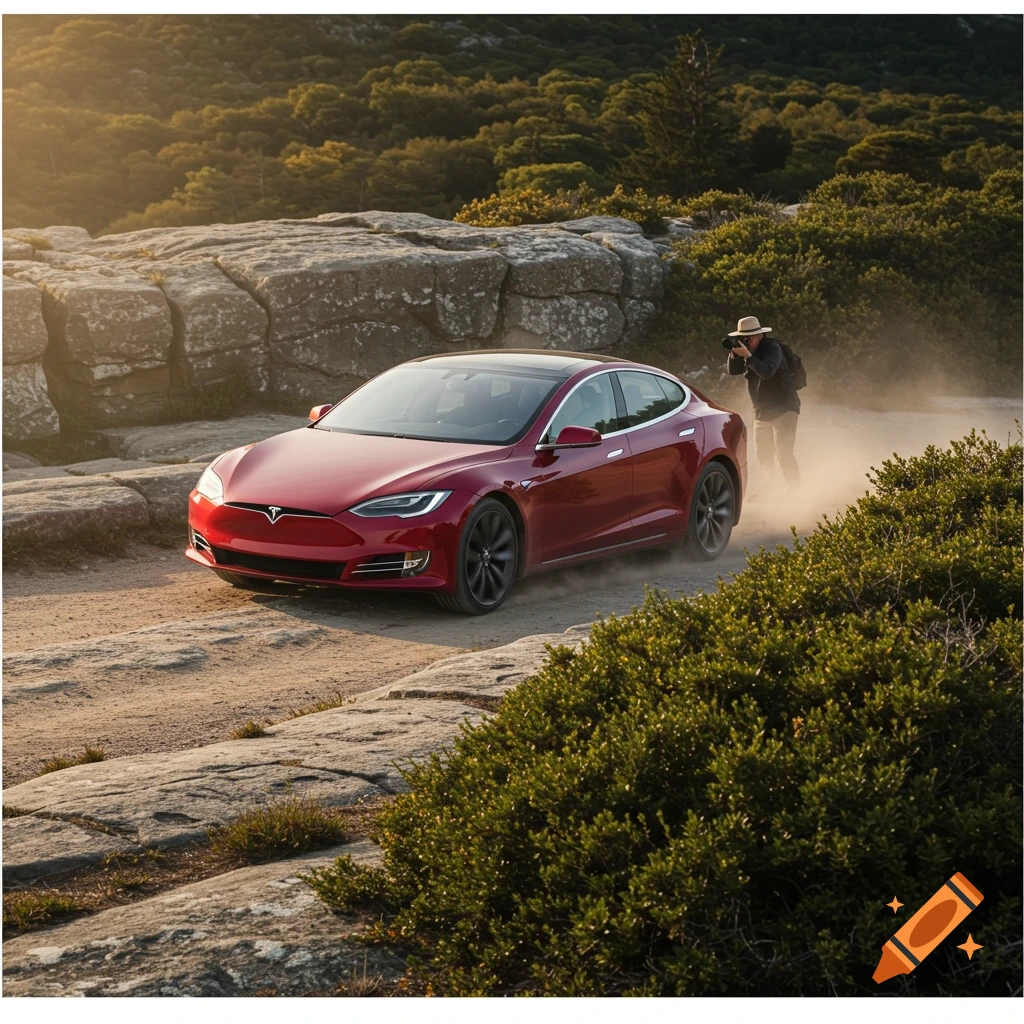 A red Tesla car on a dirt road with a photographer taking a picture in a rocky landscape.