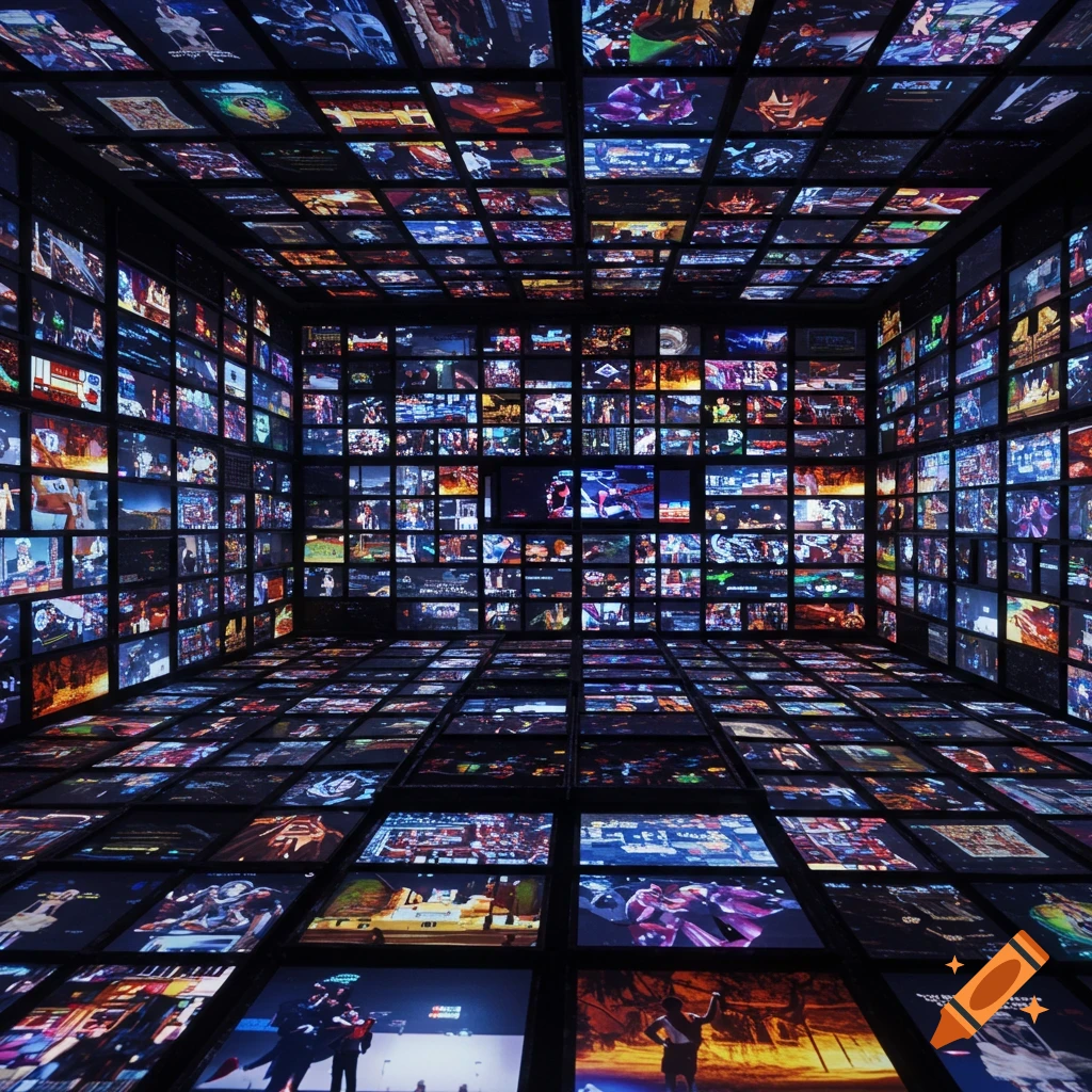 A room where all surfaces are covered with glowing video screens displaying various images.