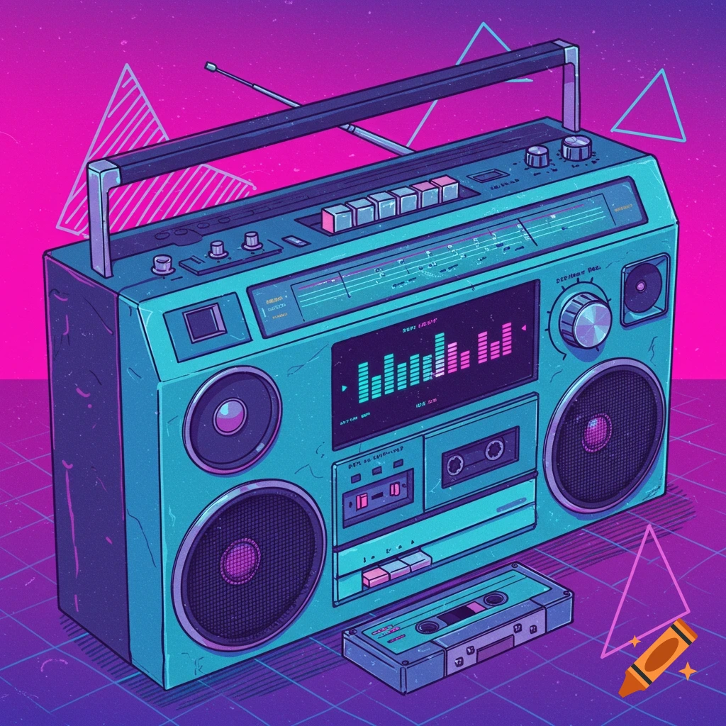 Stylized retro-futuristic boombox and cassette tape with neon 80s colors and geometric background.