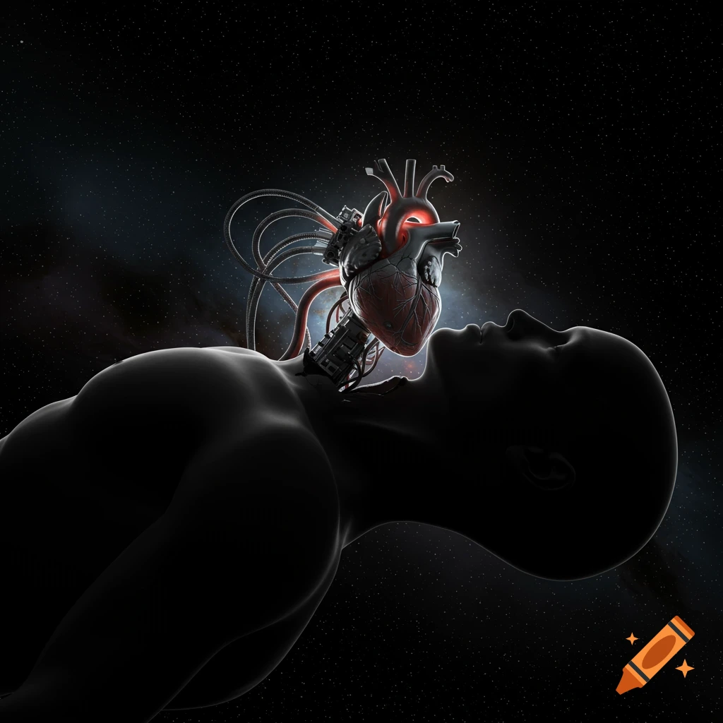 Sci-fi image of a human silhouette with a mechanical heart for a head floating in space.