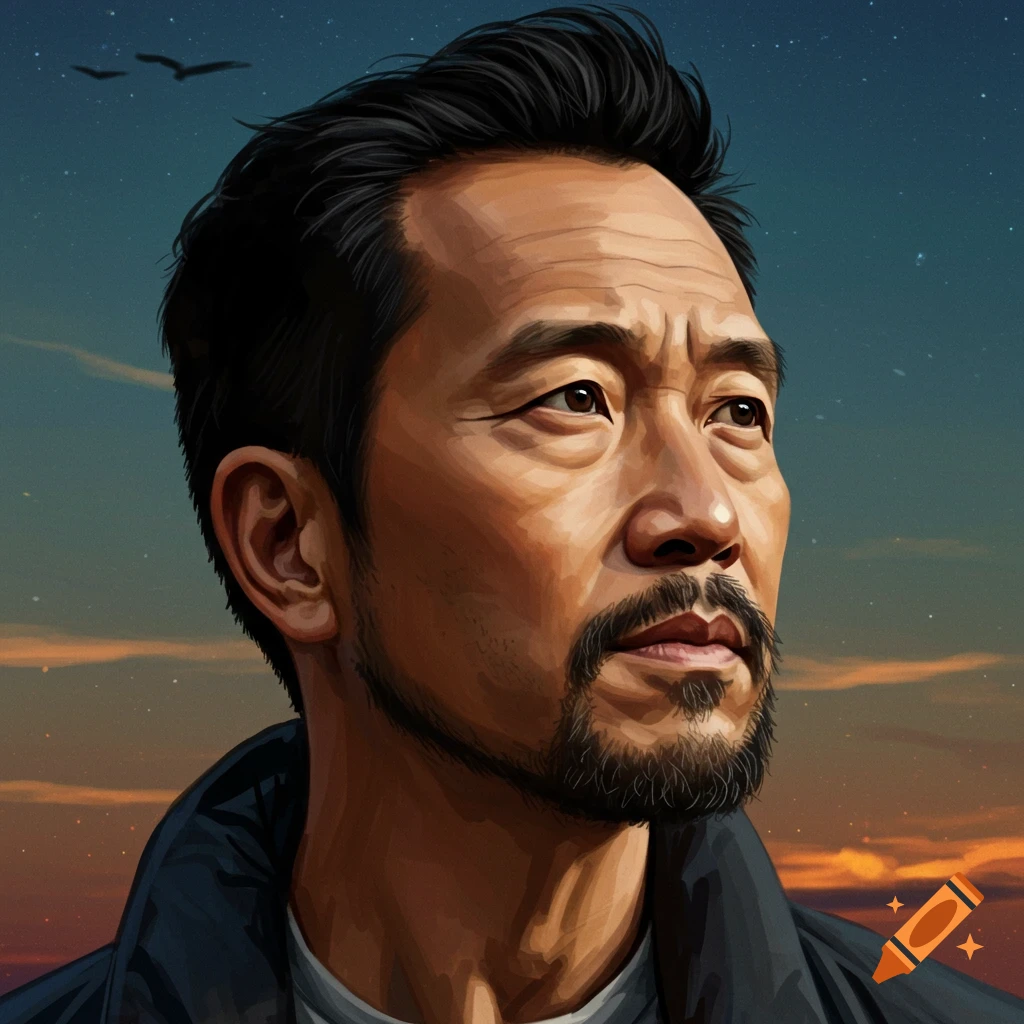 Close-up illustration of a man with a beard looking up at a starry night sky with birds flying.