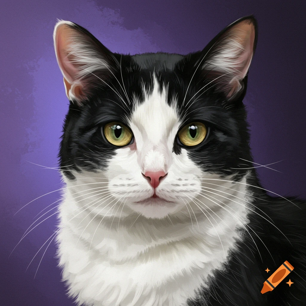 Portrait of a tuxedo cat on a purple background, illustration style.