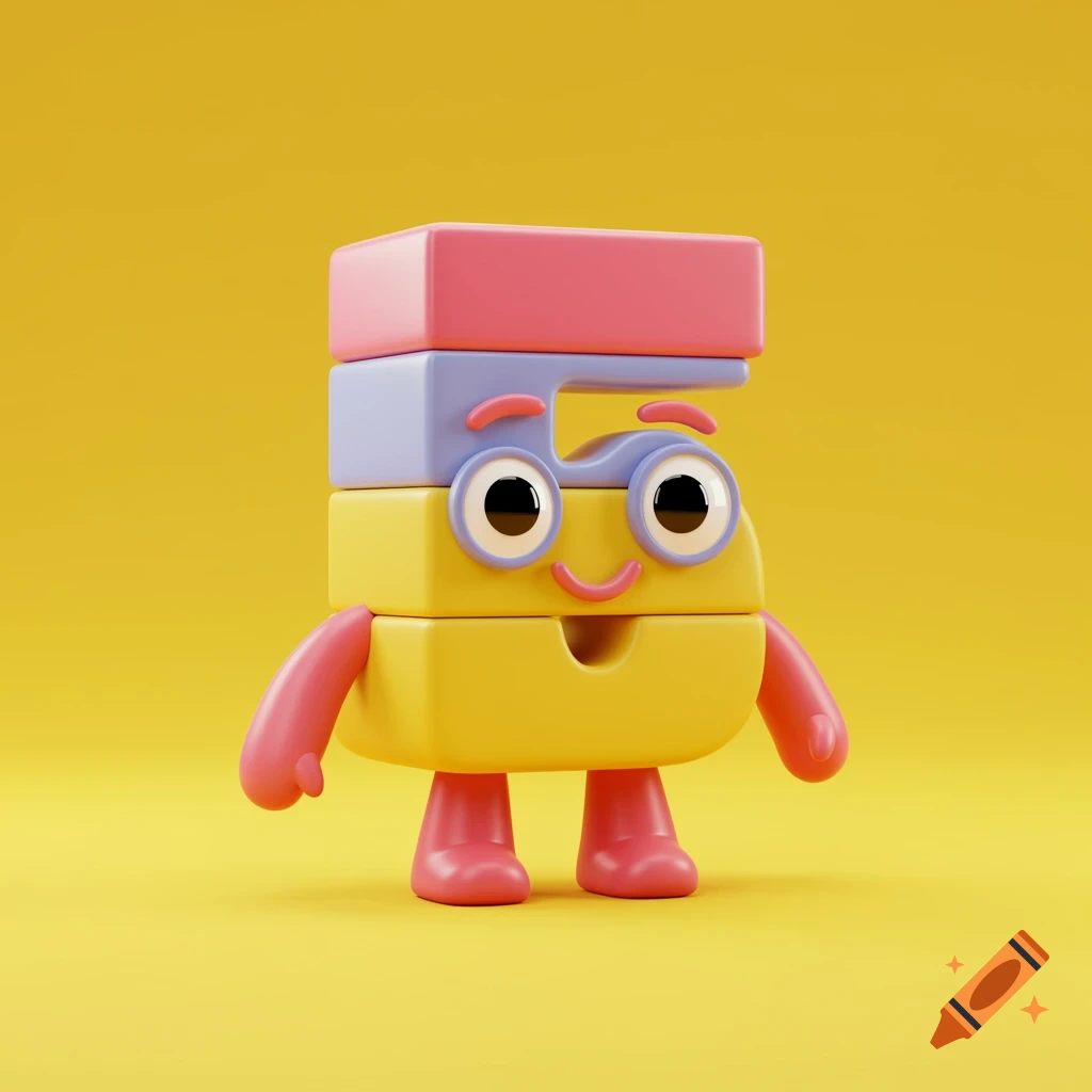 A cute 3D cartoon character shaped like the number five with eyes, arms, and legs stands against a yellow background.