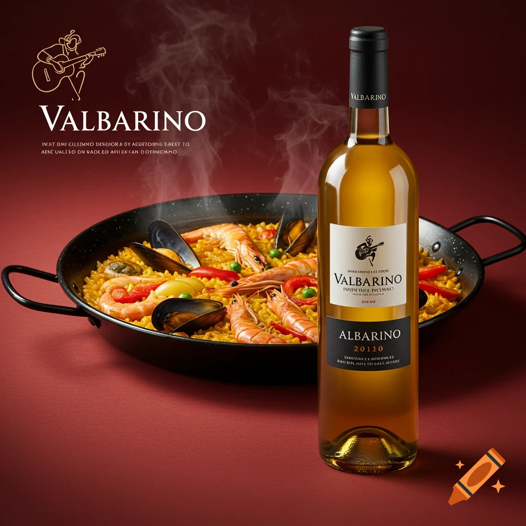 A paella dish and a bottle of wine with a graphic of a guitarist on a red background.