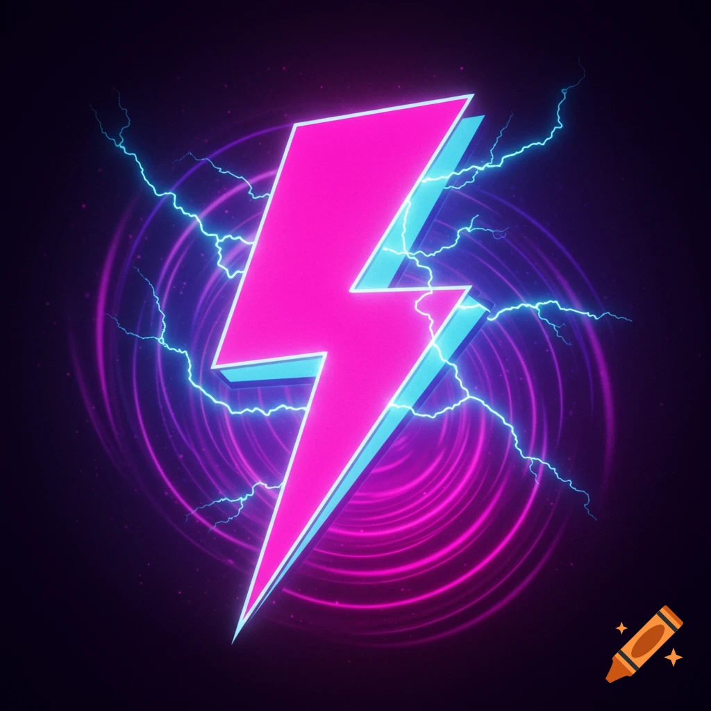Stylized pink and blue lightning bolt over glowing rings with lightning tendrils against a dark background, 80s aesthetic.