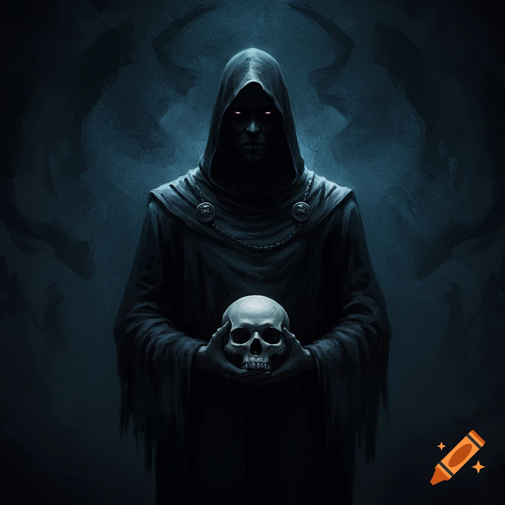 A hooded figure holds a skull in front of them. Red glowing eyes pierce from beneath the hood. The background is dark blue and gray.