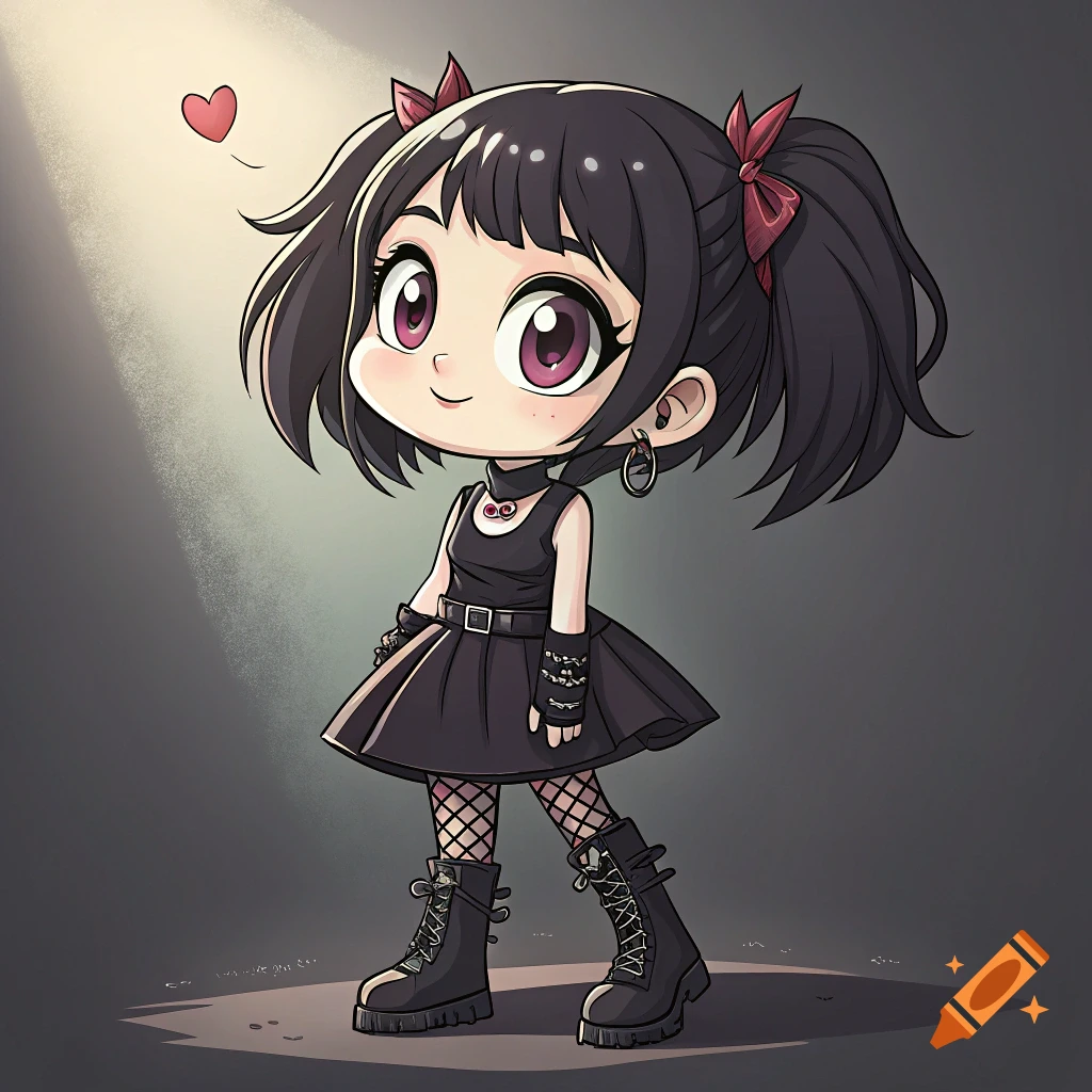 Chibi goth girl with pigtails, red bows, dark dress, fishnets, boots, and a heart symbol above her head, in anime style.