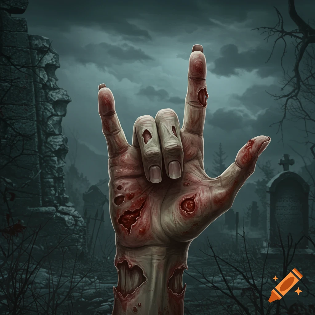 Decaying zombie hand making the 'rock on' gesture in a dark graveyard.