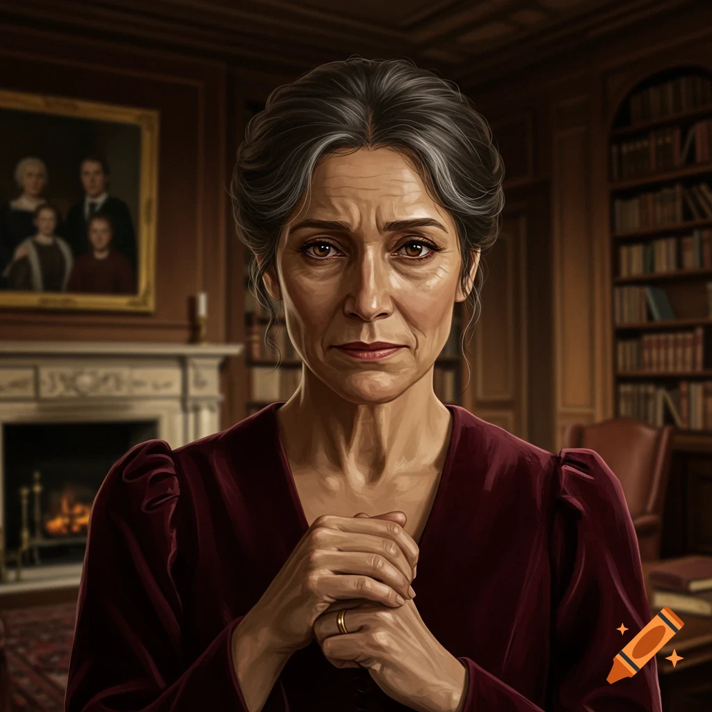 Portrait of an older woman with clasped hands in a study.