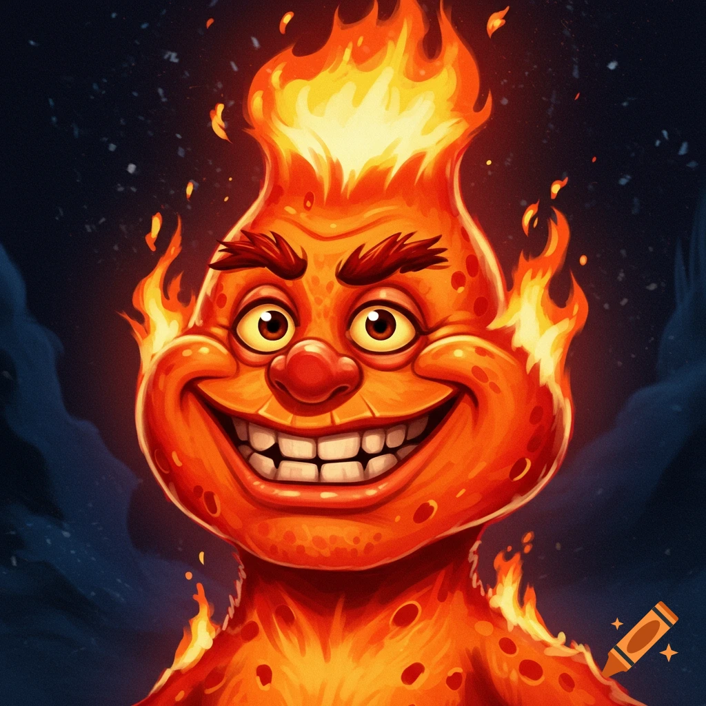 A smiling cartoon character made of fire against a dark background.