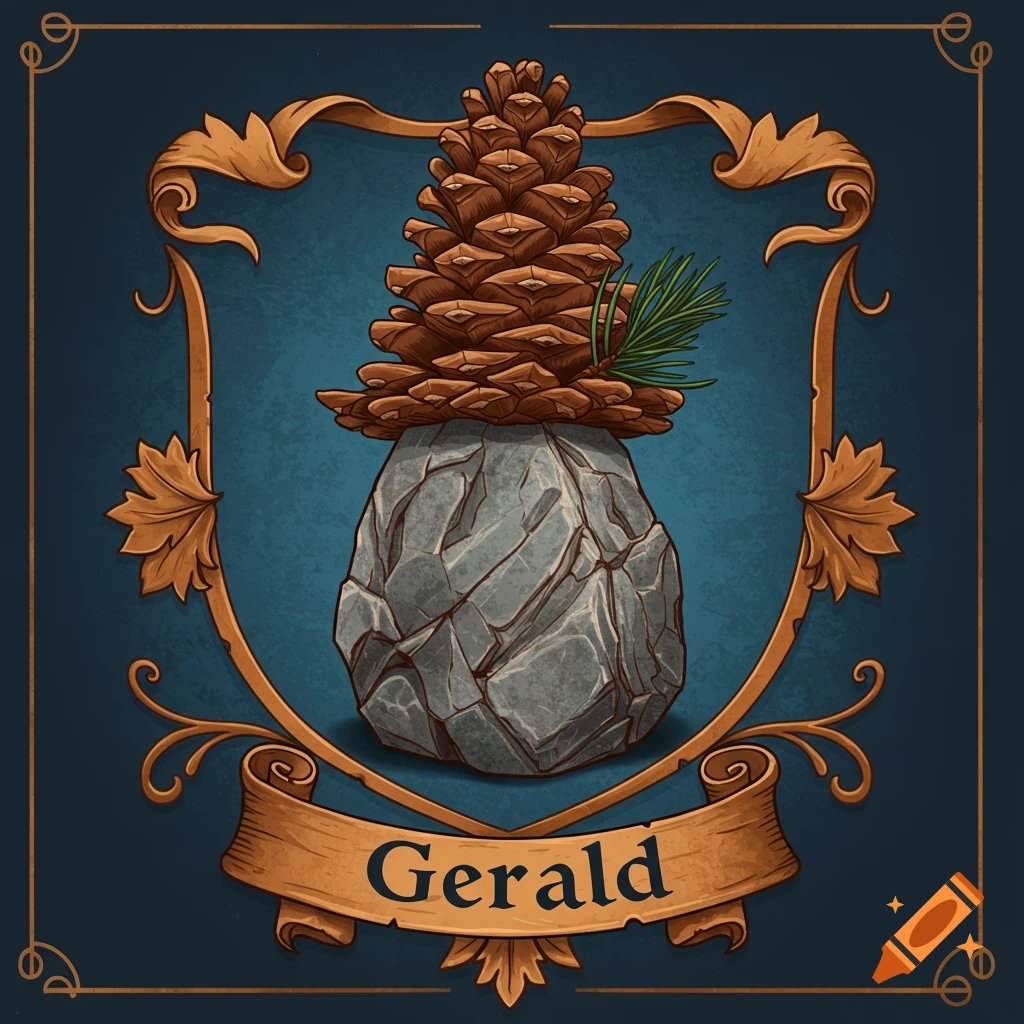 A stylized crest featuring a rock wearing a pinecone hat, set within an ornate frame, with a banner below reading 'Gerald'.