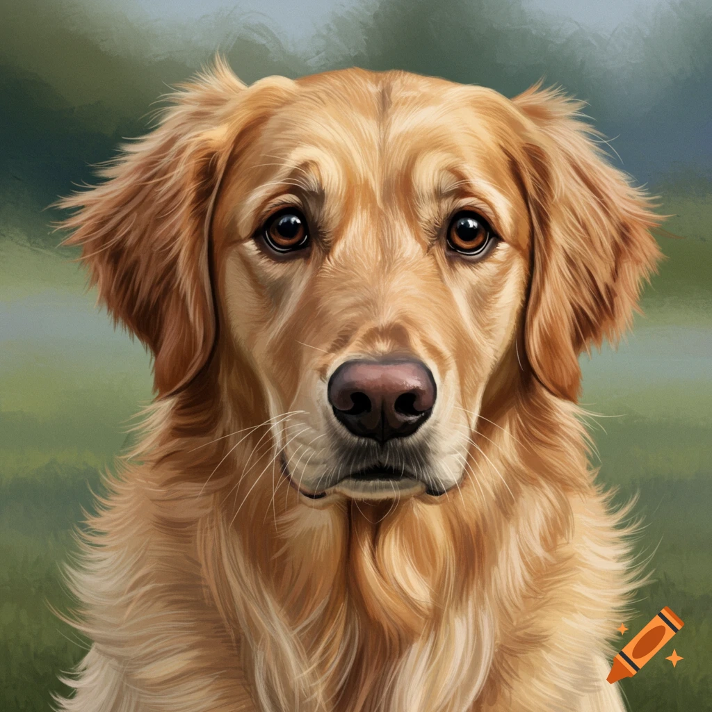 Close-up painted portrait of a golden retriever's head.