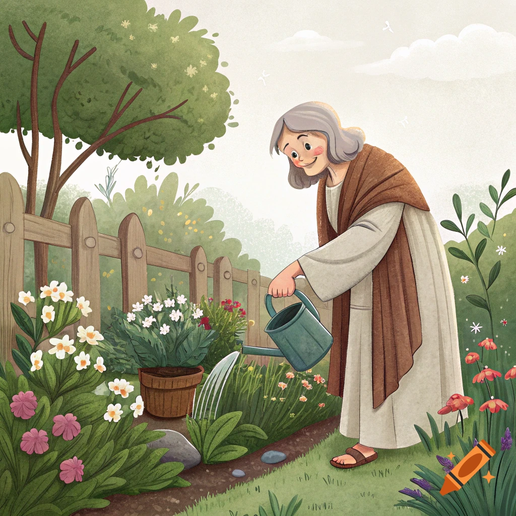An illustration of an old woman watering a garden with a person in robes standing nearby.
