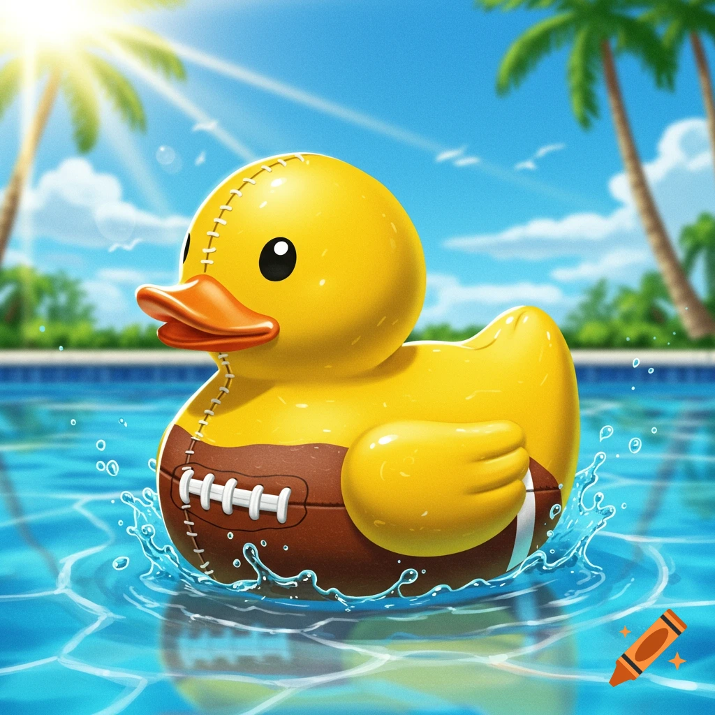 A yellow rubber duck wearing a football skin floats in a swimming pool on a sunny day with palm trees.