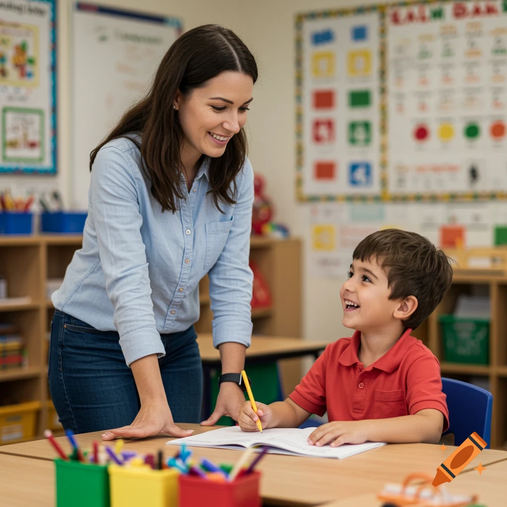 Photorealistic image of a teacher helping a young student at a desk in a classroom.