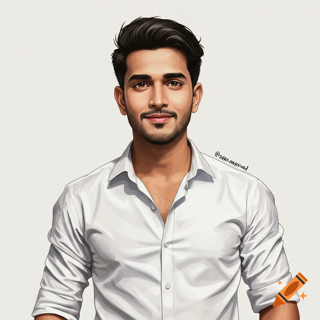 Digital illustration of a young man with dark hair and beard wearing a white shirt.