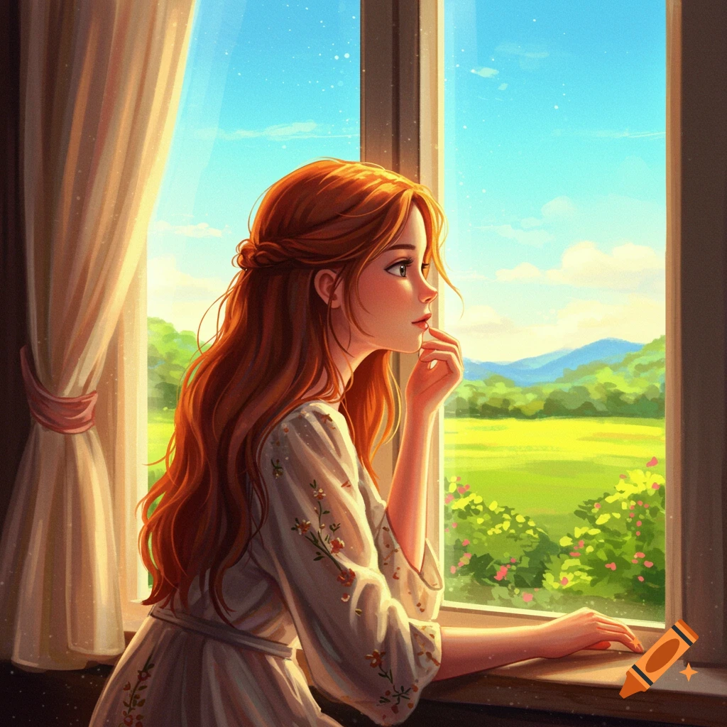 Illustration of a red-haired girl looking out a window at a bright green landscape.
