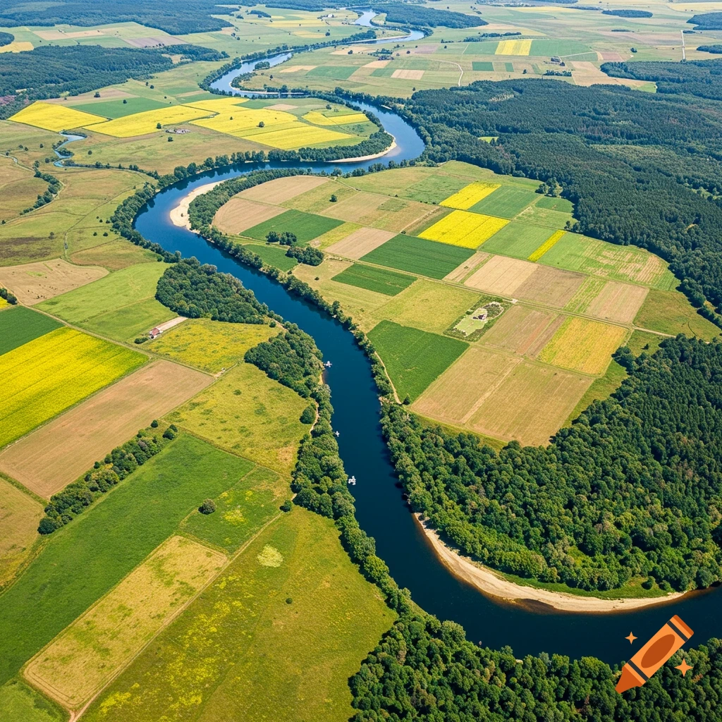 Aerial view of a winding blue river flowing through green and yellow agricultural fields and dense forest.
