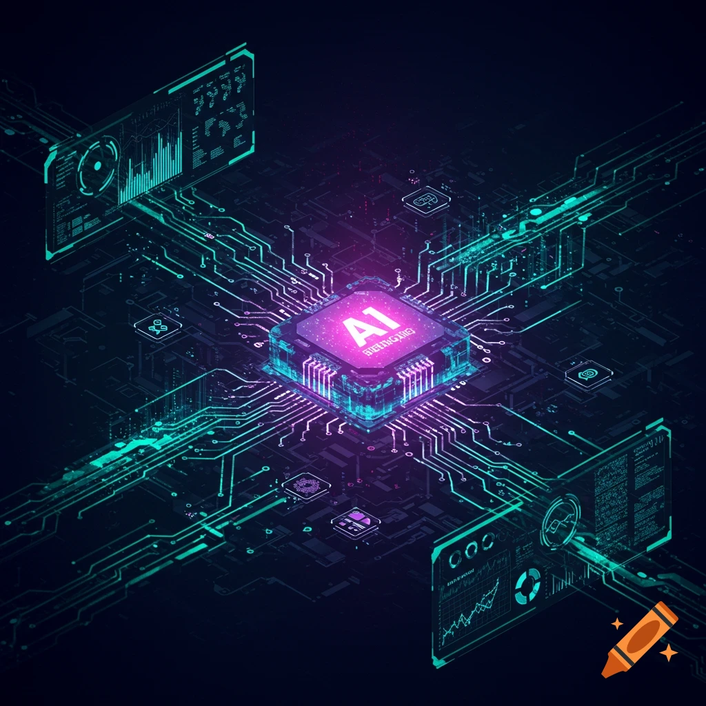 Futuristic tech background with a central glowing AI chip, circuits, and holographic data screens.
