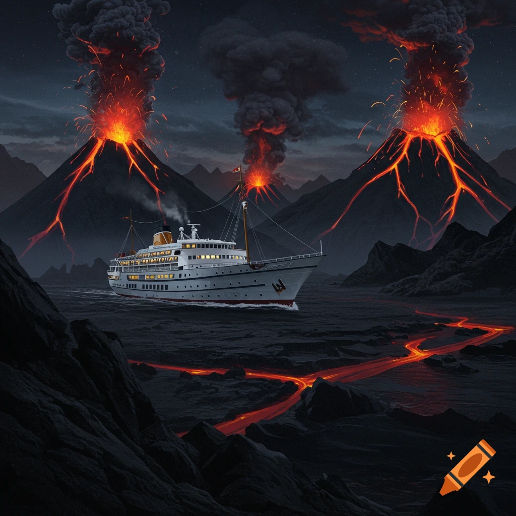 A large white boat sails past erupting volcanoes with lava flows on the ground at night.