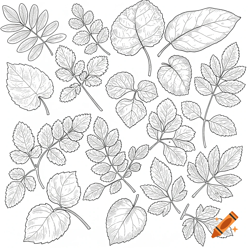 A line drawing of various plant leaves.