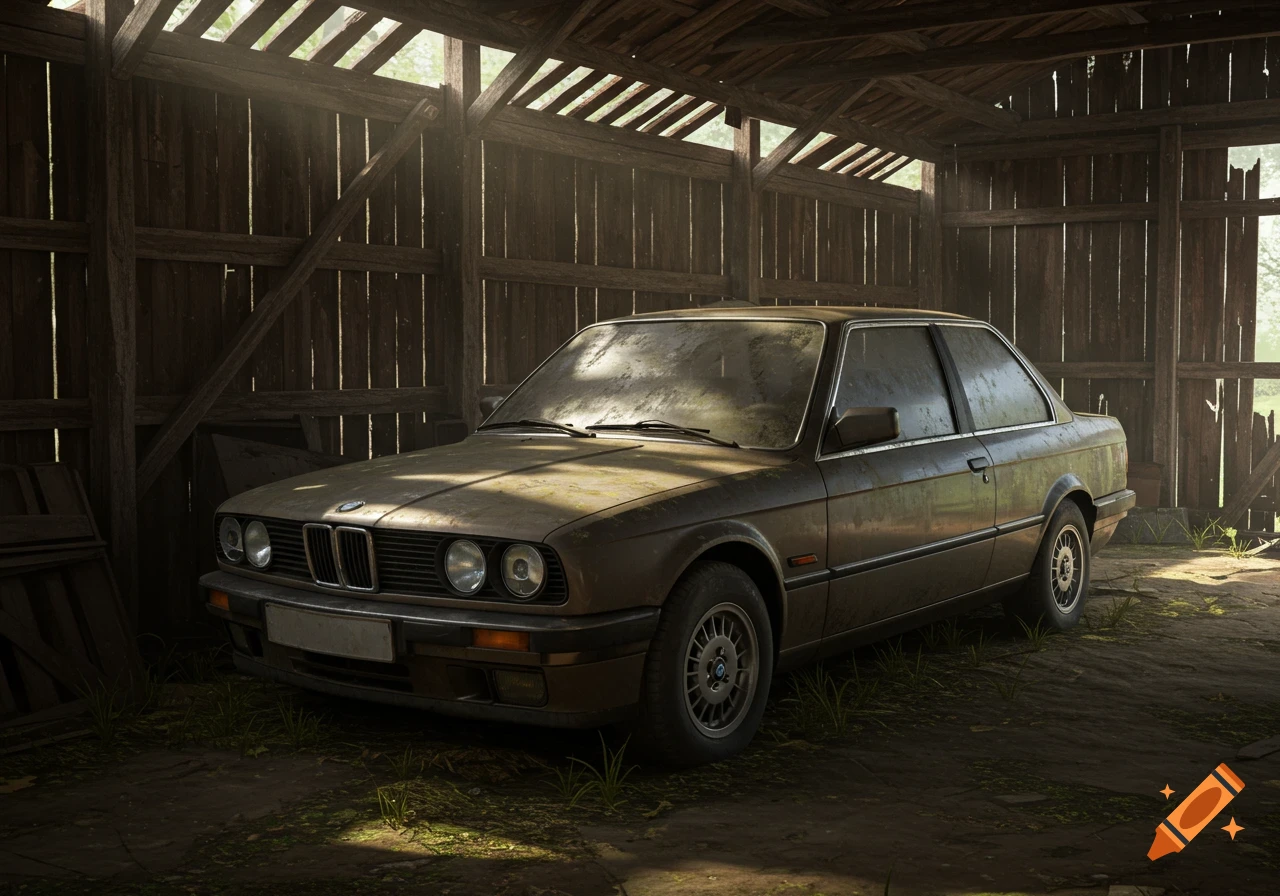 A dusty, forgotten BMW 3 Series car sits inside a rustic wooden barn with sunlight streaming through the walls.