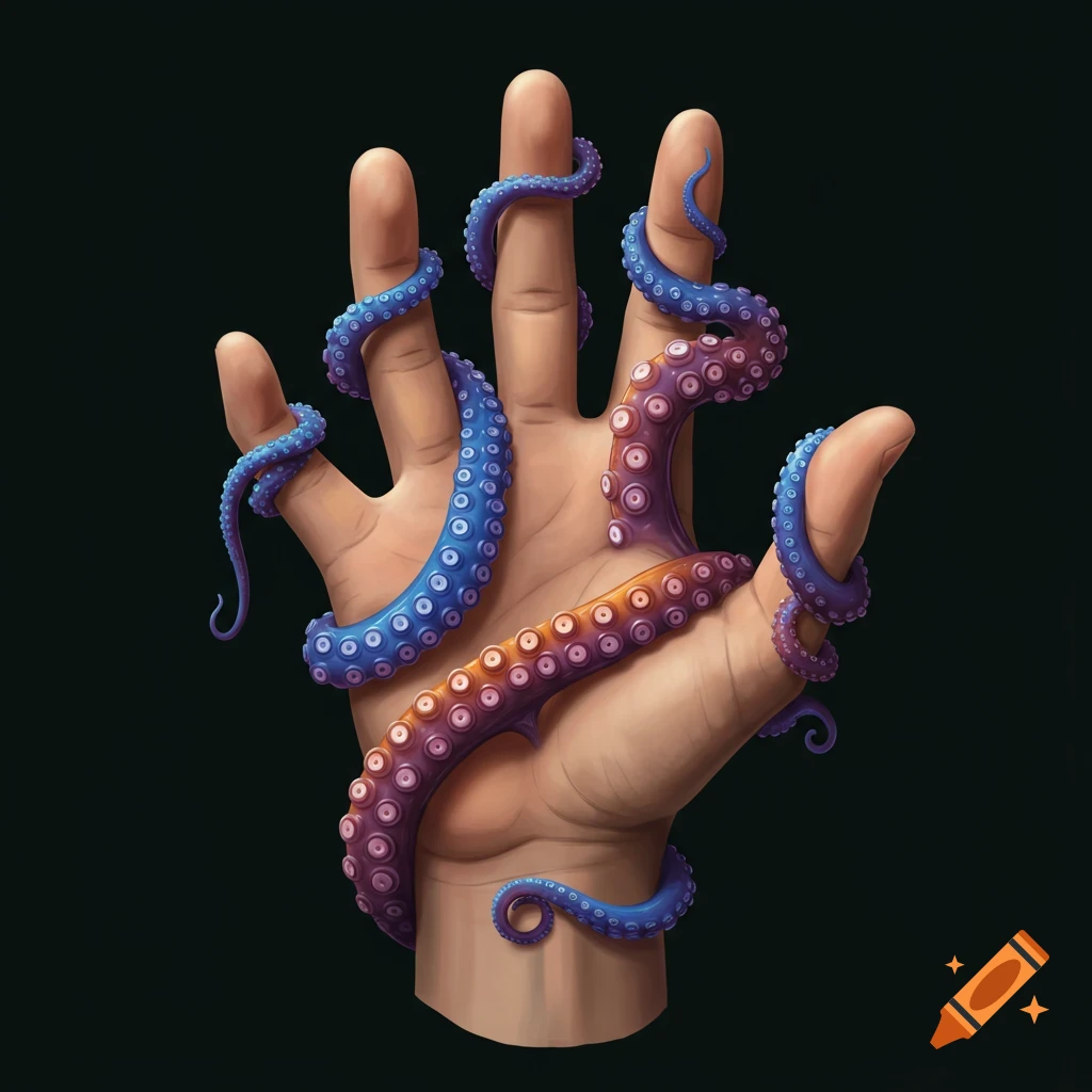 Illustration of a human hand intertwined with blue and purple octopus tentacles.
