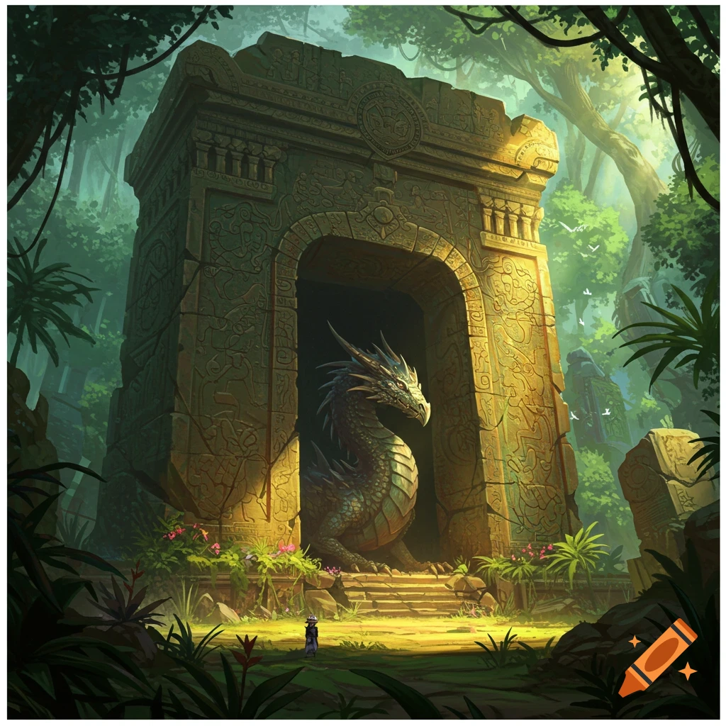 A large dragon sits inside an ancient stone shrine covered in carvings and vines, surrounded by a lush jungle. A small figure stands outside the entrance.