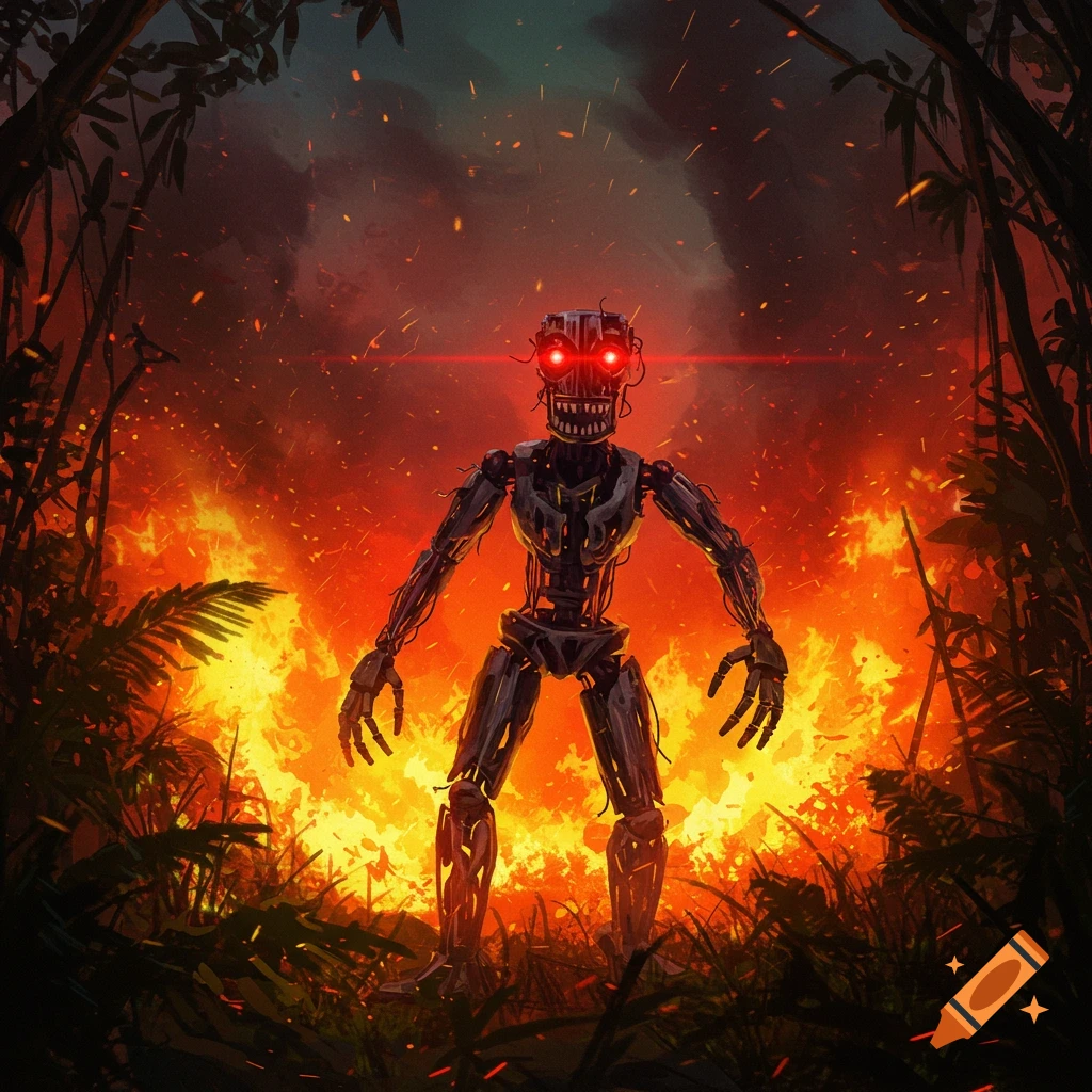 A robotic endoskeleton with glowing red eyes stands in a flaming jungle.