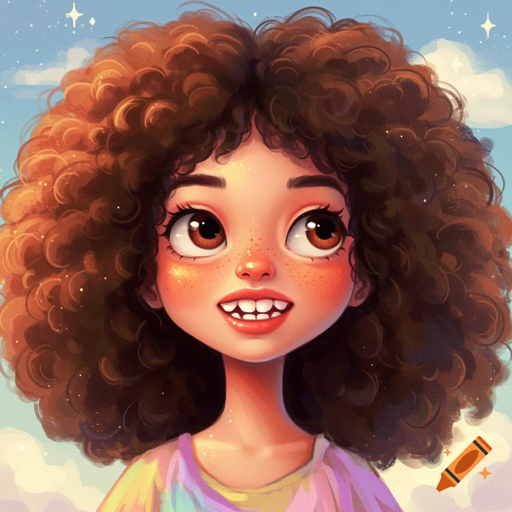 Stylized illustration of a smiling girl with fluffy brown hair and freckles.