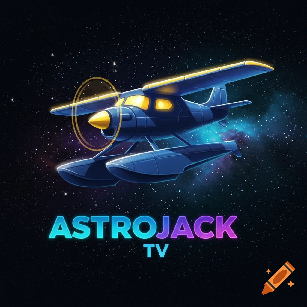 A stylized float plane flies through space above the text AstroJack TV.
