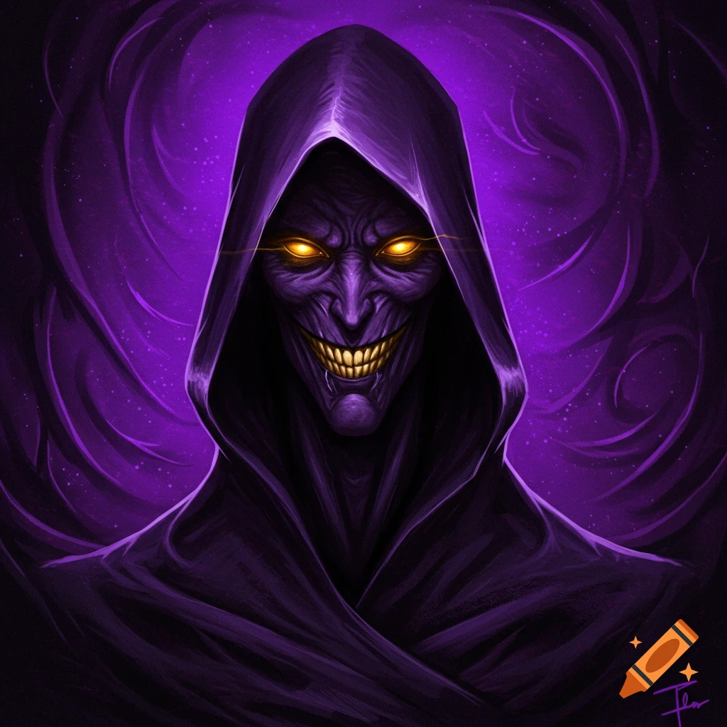 A hooded figure with glowing orange eyes and a wide, sharp-toothed grin looms against a swirling purple background.