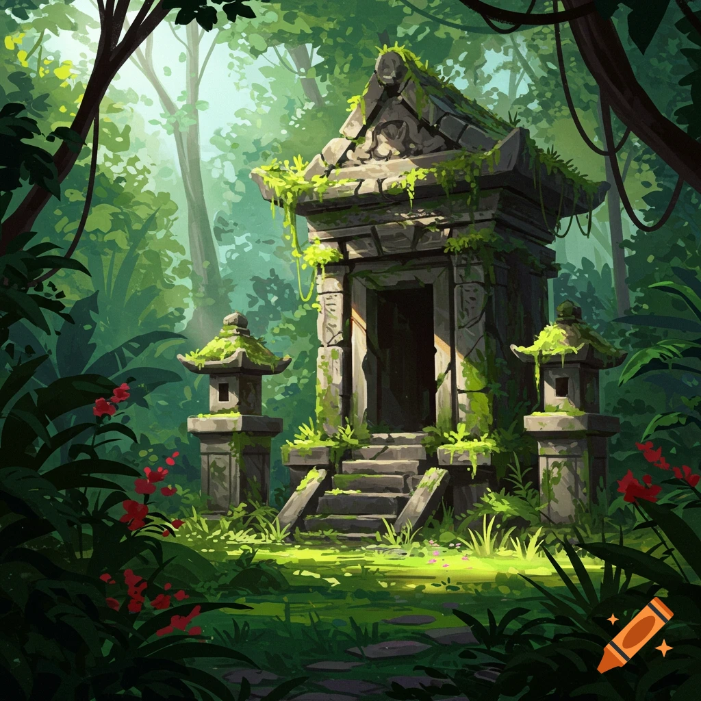 A mossy stone shrine with steps and two lanterns in a sunlit jungle clearing. Digital illustration.