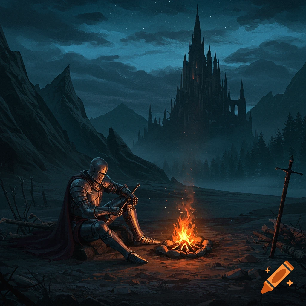 A knight sits by a campfire at night with a dark castle in the distance.