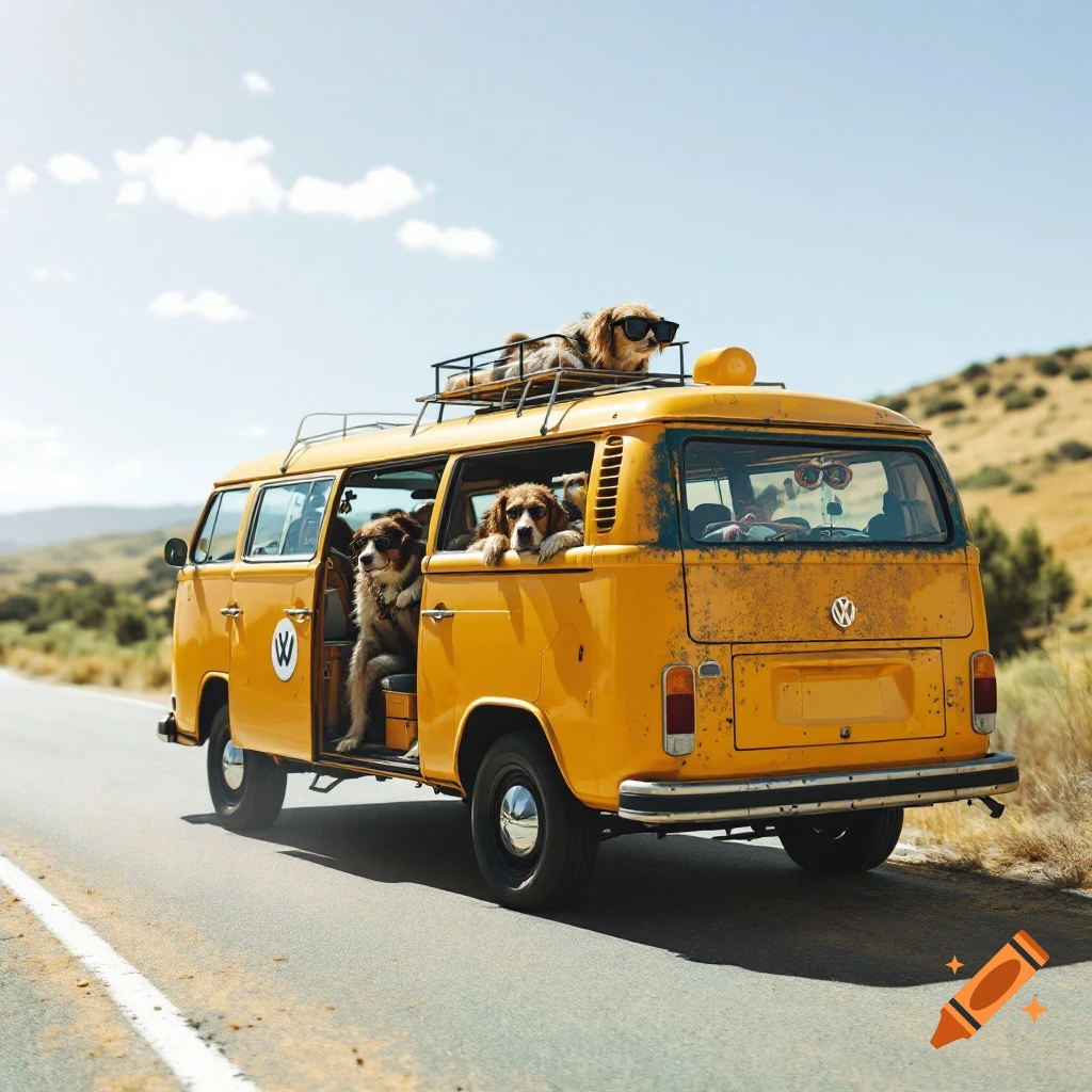 Dogs in and on a yellow Volkswagen bus driving on a road.