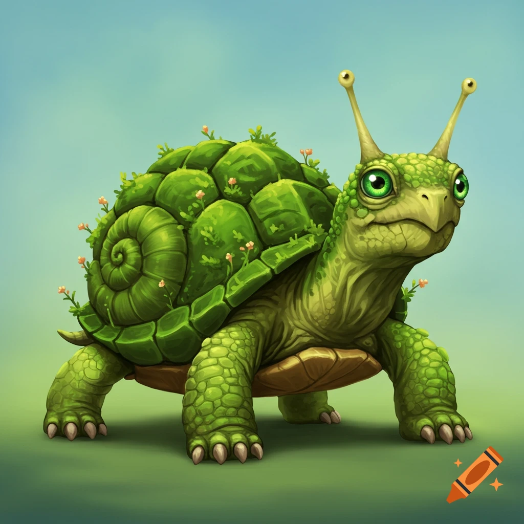 Stylized illustration of a green creature with a spiral shell and snail eyes standing in grass.