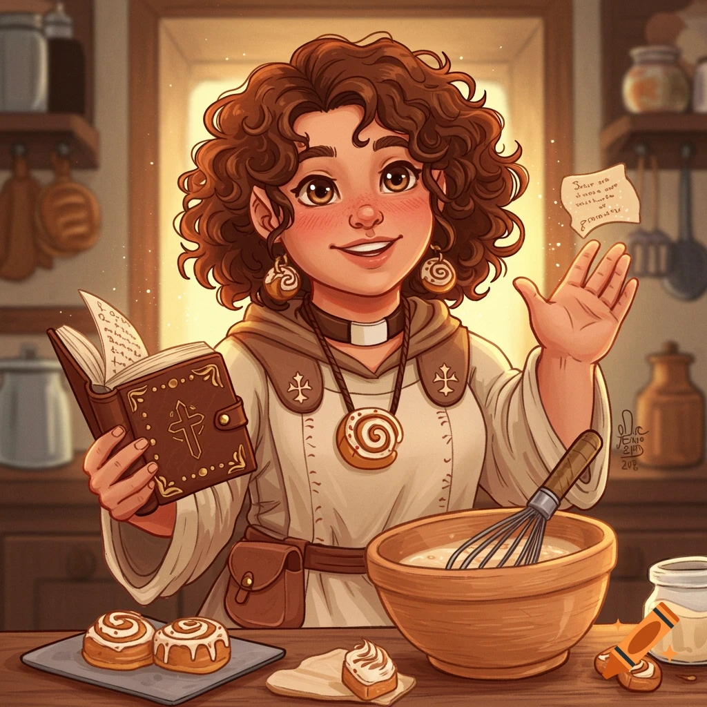 An illustration of a cheerful halfling cleric holding a spellbook while baking cinnamon rolls.