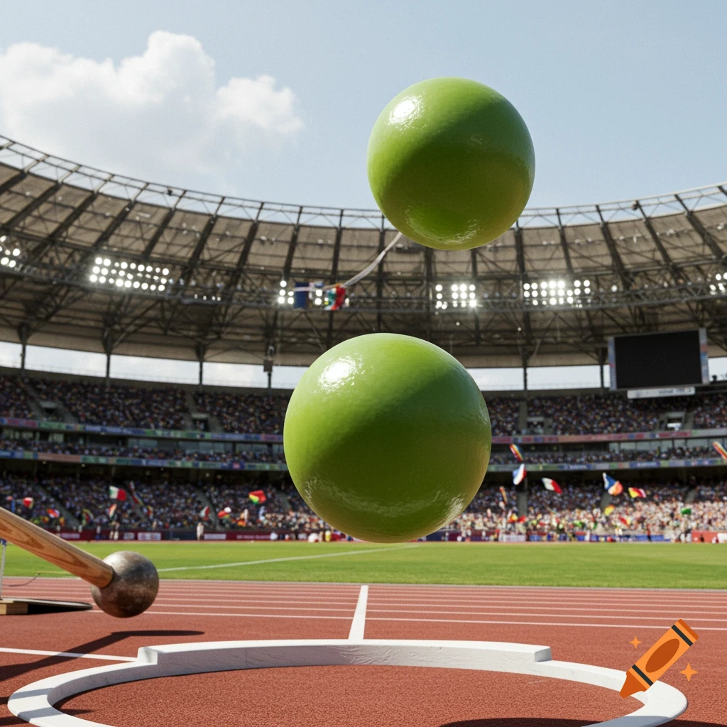 Two large green balls float above a hammer throw circle in a stadium.