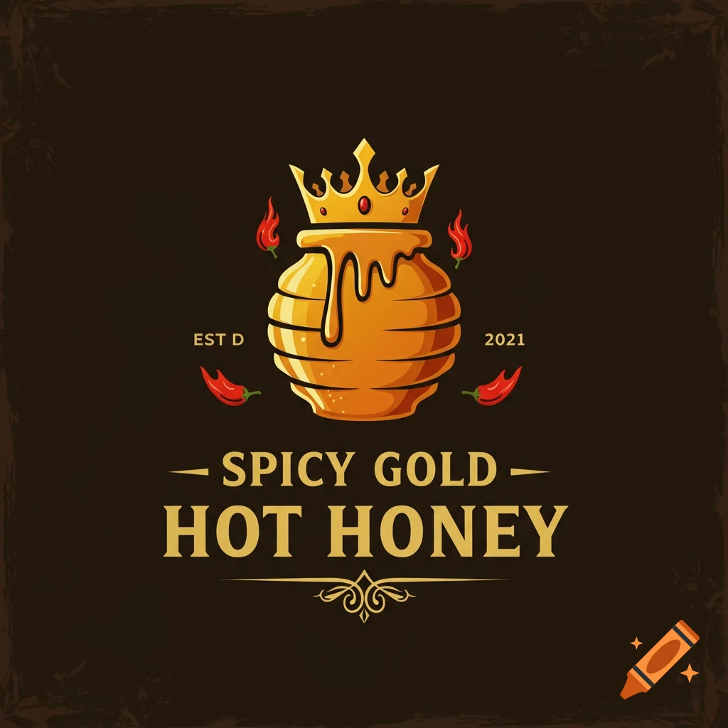 Logo for Spicy Gold Hot Honey featuring a crowned honey pot and chili peppers.