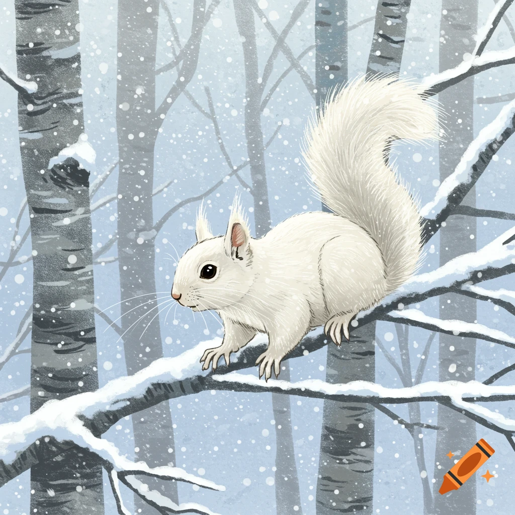 A drawing of a white squirrel on a snowy branch in a forest.