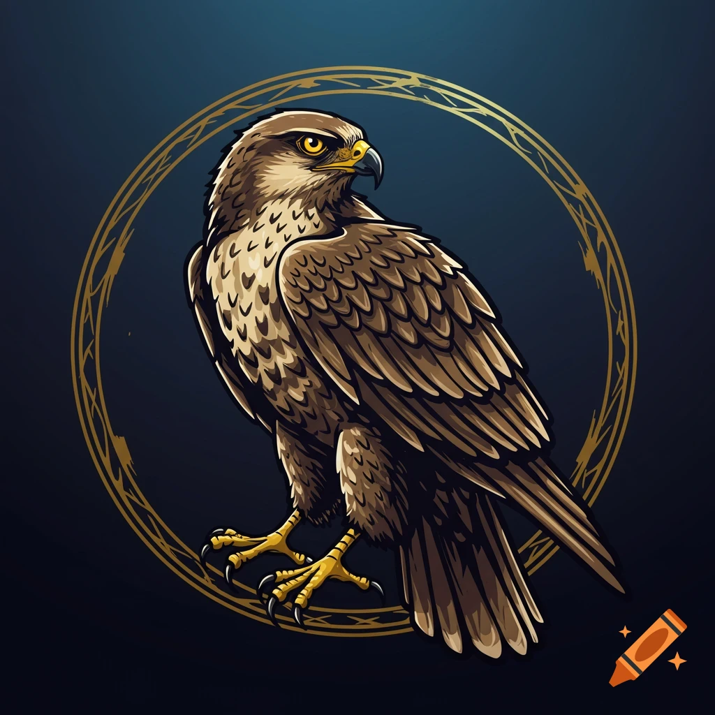 An illustrated brown hawk within a decorative gold circle