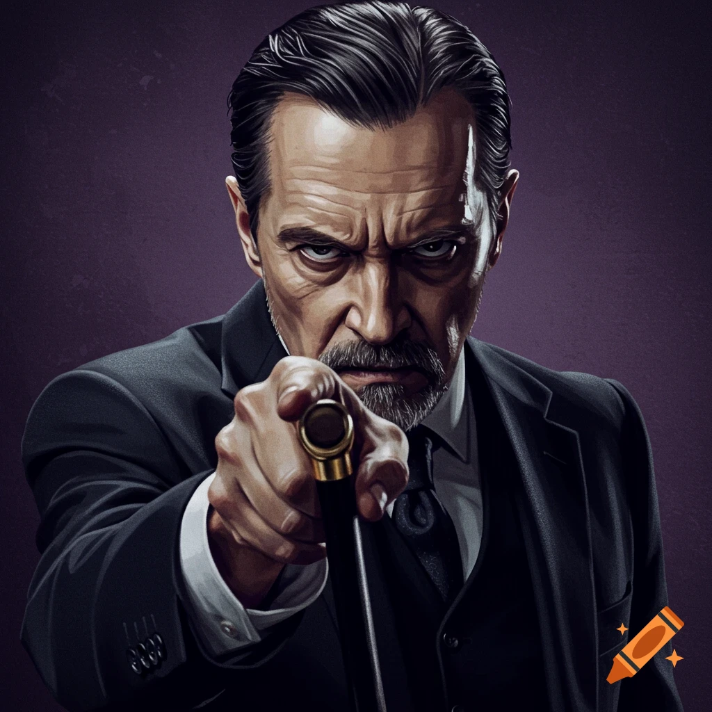 Illustrated portrait of a stern man in a suit pointing a cane forward.