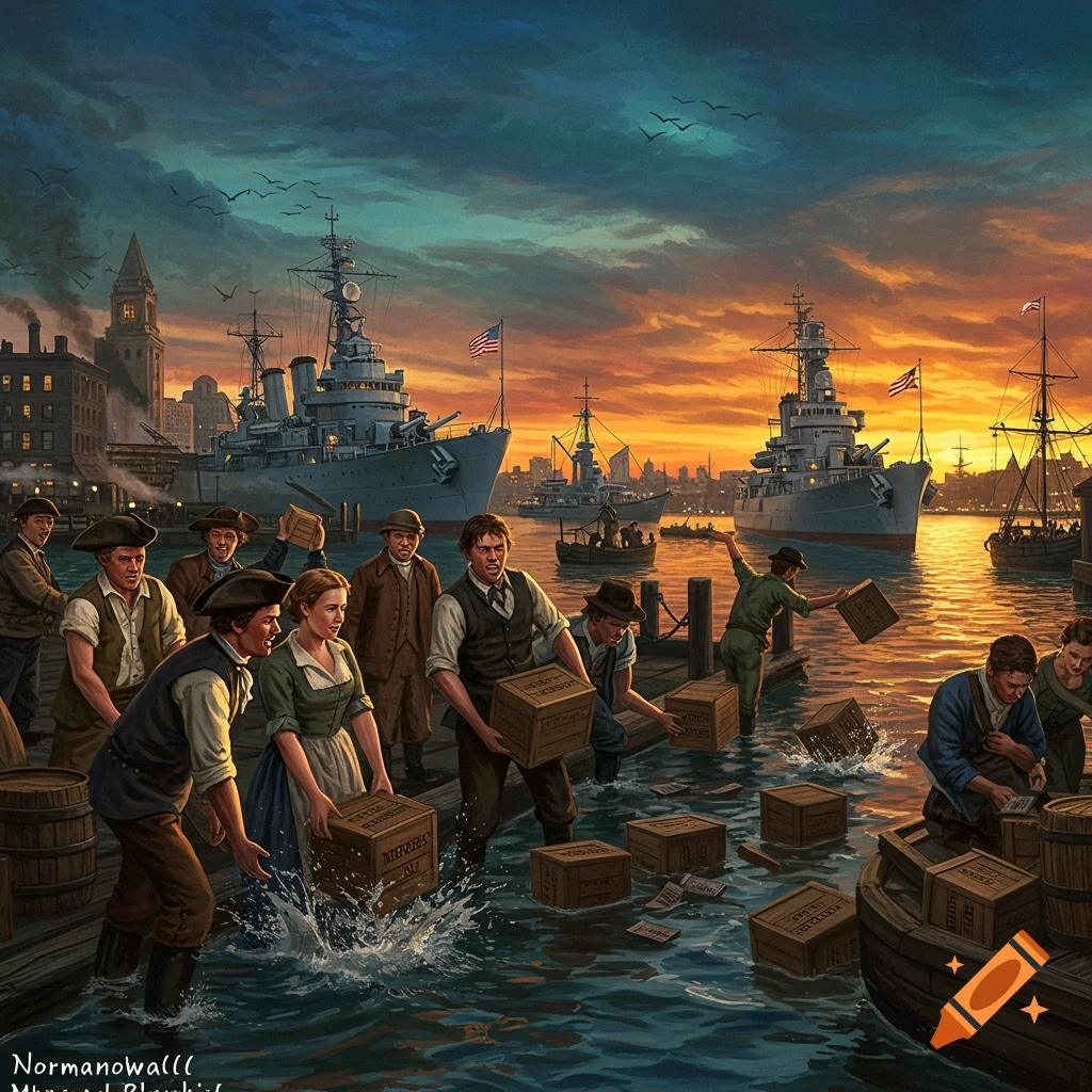 Painterly image of figures in historical attire dumping crates into a harbor with WWII warships in the background at sunset.