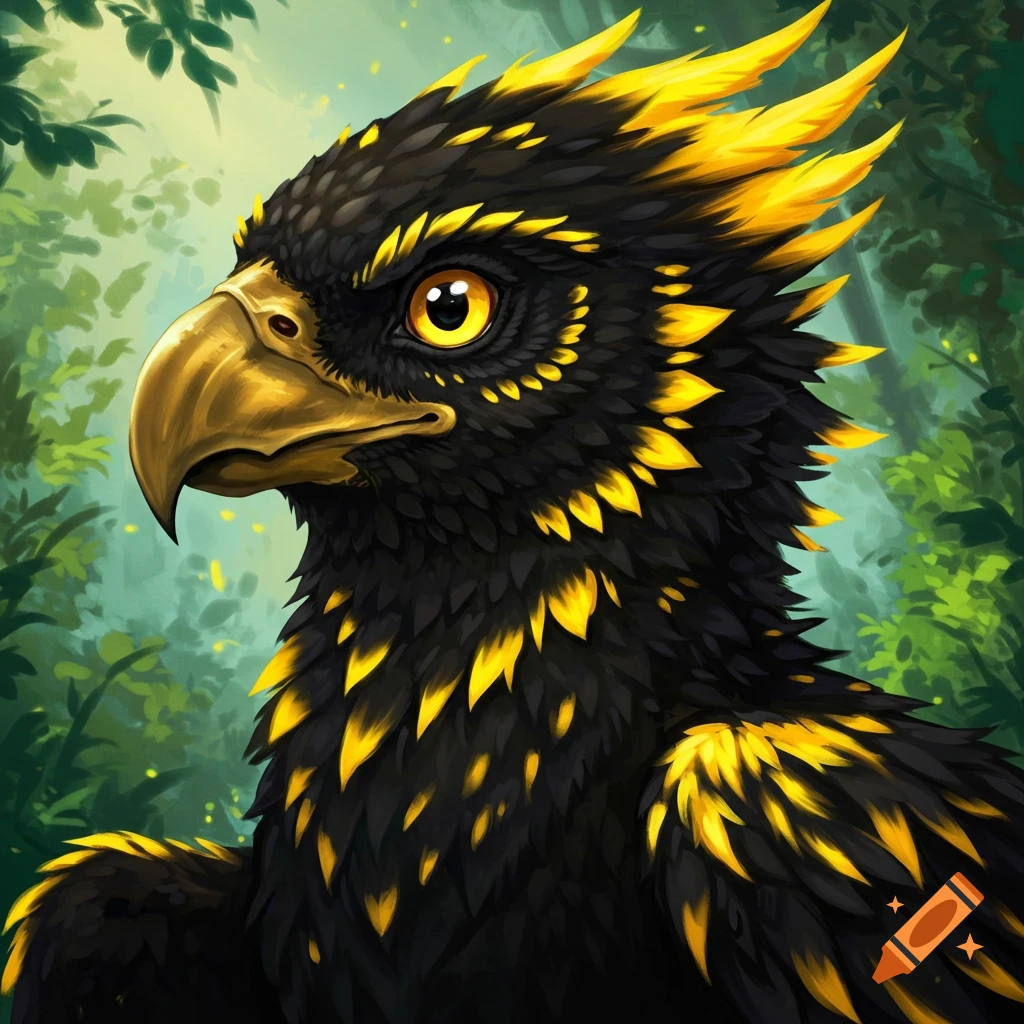 Portrait of a black and yellow fantasy bird creature in a forest.