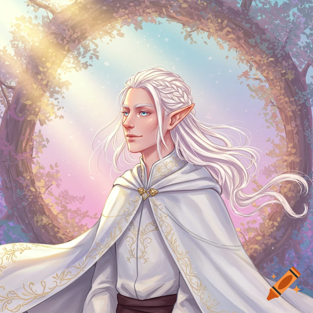 An elf in a white cloak stands in a sunlit forest.
