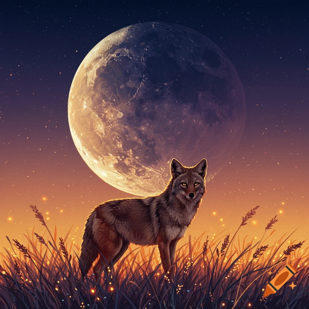 A coyote stands in tall grass under a large full moon and starry sky. Digital illustration.