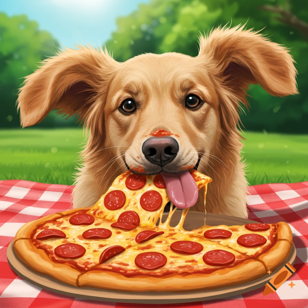 An illustration of a golden-brown dog happily eating a slice of pepperoni pizza from a picnic blanket outdoors.