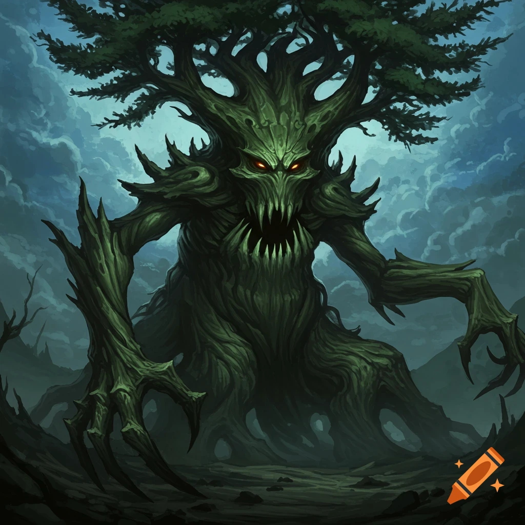 Illustration of a monstrous tree creature with glowing red eyes and sharp teeth, reaching out with clawed hands.