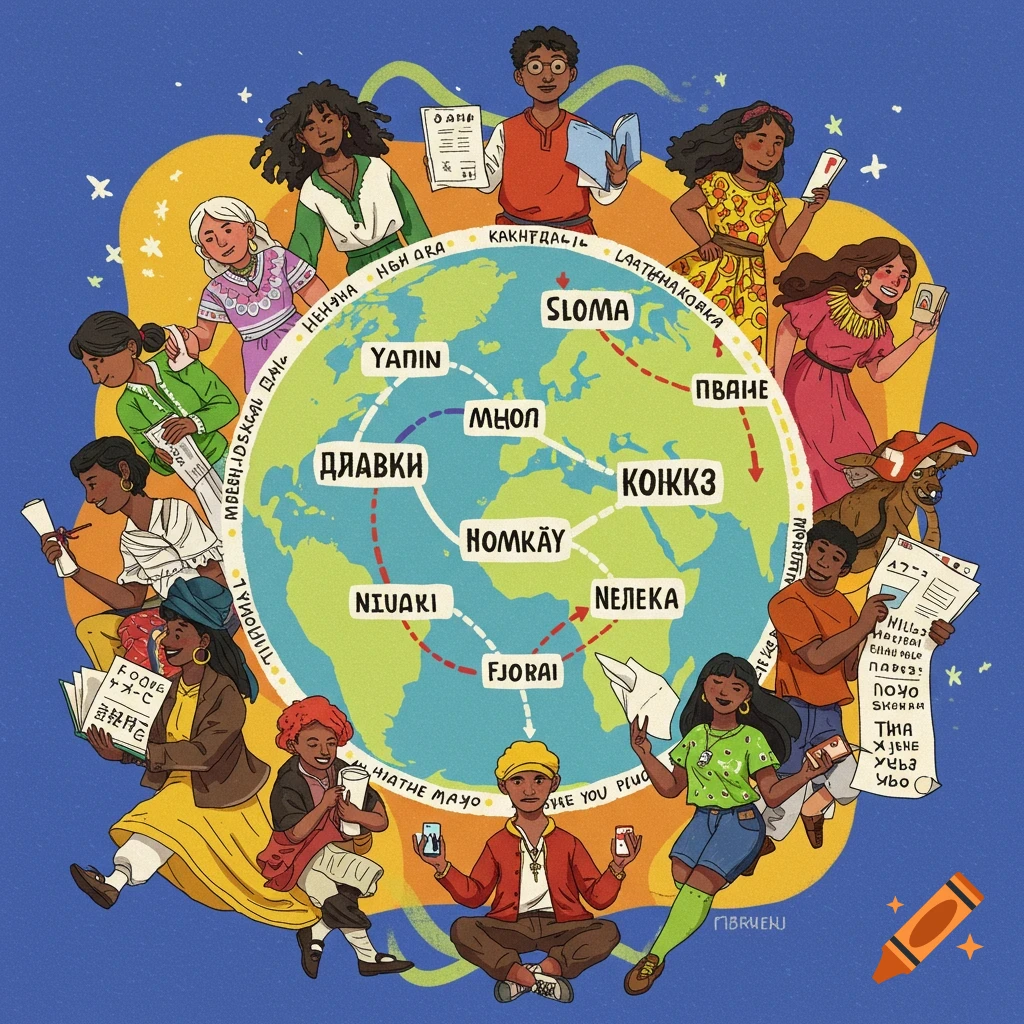 Diverse people holding books and papers surround a globe in an illustration.