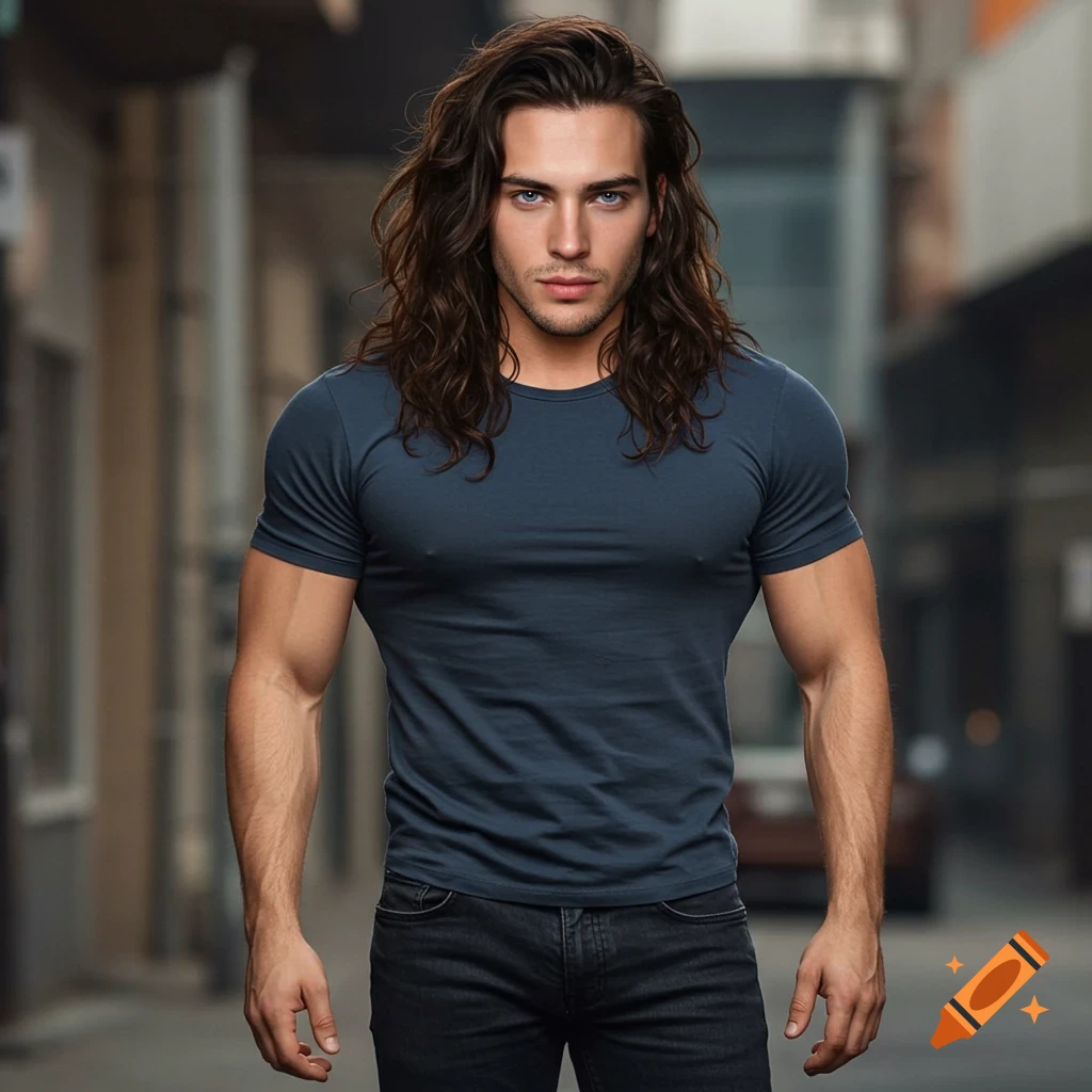 A photorealistic portrait of a muscular man with long brown hair and blue eyes wearing a grey t-shirt and jeans, standing in an urban setting.